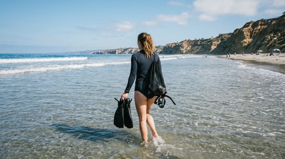 A snorkeler wading into the water at La Jolla Shores to snorkel La Jolla without a tour